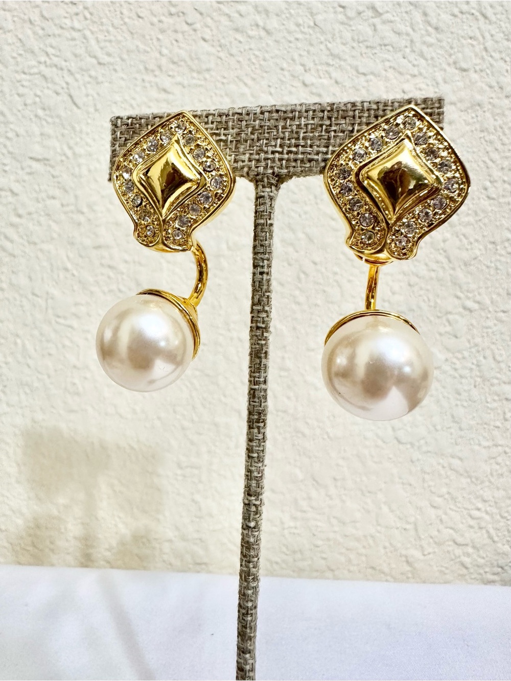 3” Elegant Vintage Gold-Tone Pearl Drop Earrings with Crystal Accents